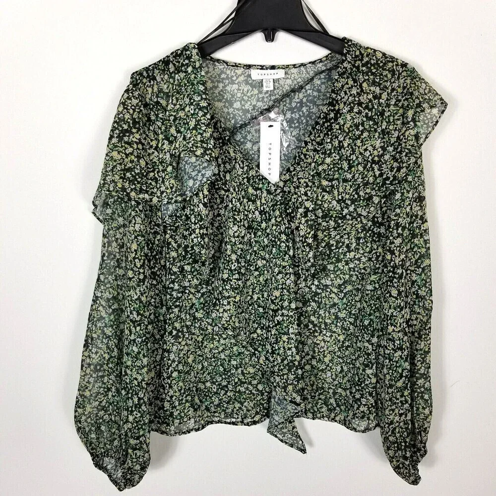 Topshop Women Green Floral Ruffle Long Sleeve Semi Sheer‎ Blouse Top 6